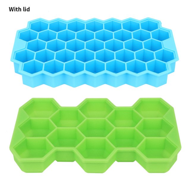 Molde para cubitos de hielo Molde para cubitos de silicona Rejillas hexagonales Bandeja para cubitos de hielo con tapa, 13 rejillas verdes, 37 rejillas azules Irene Inevent HA004190-04