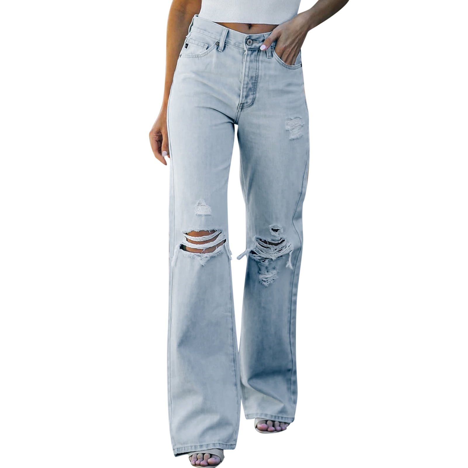 Tåget aktivitet smække MEGAWHEELS Women Distressed Flare Jeans Mid High Waist Ripped Denim Pants -  Walmart.com