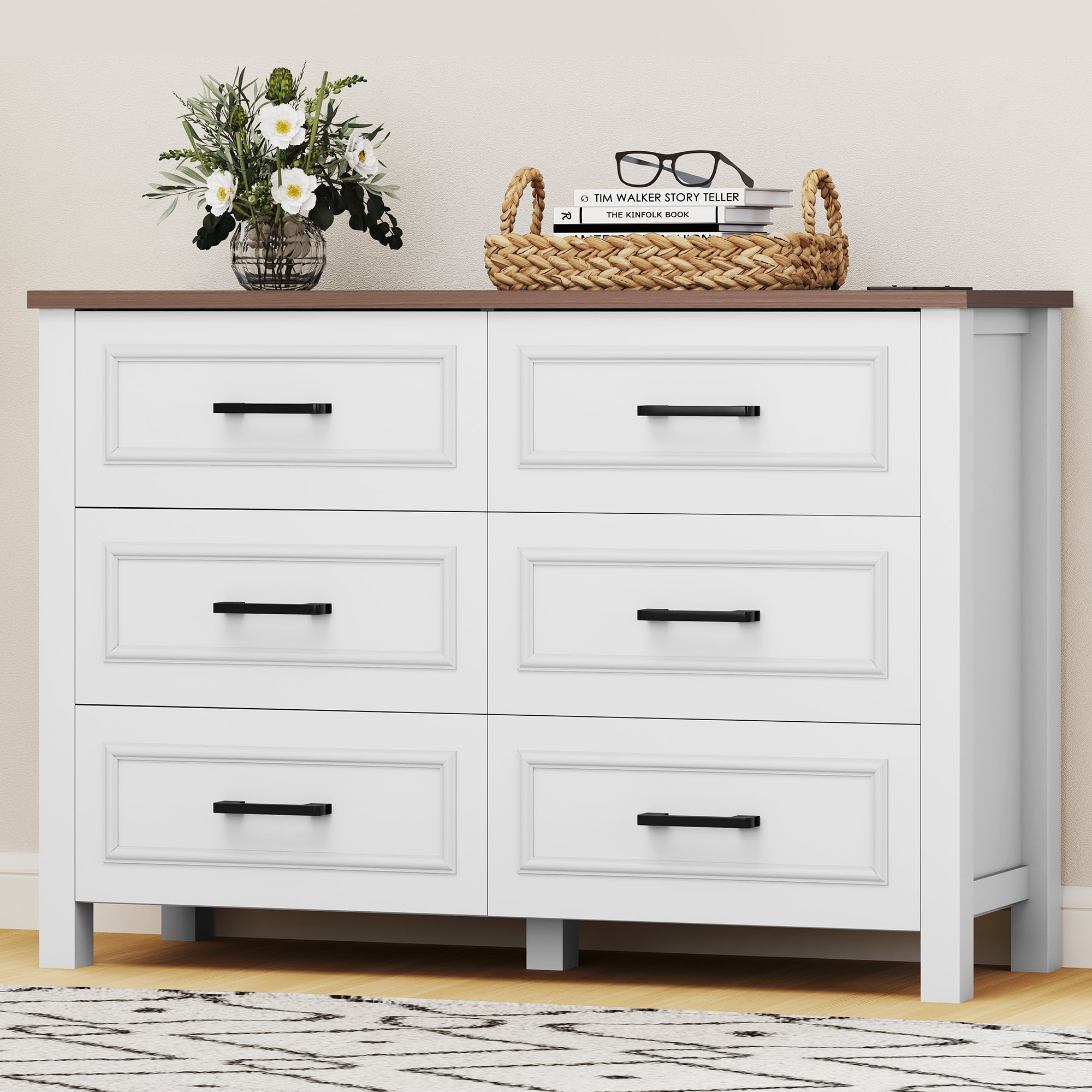 Uforic 6-Drawer Wooden Dresser TV Stand with Power Outlet, Drawers and Handles, for Living Room, Bedroom, White & Walnut