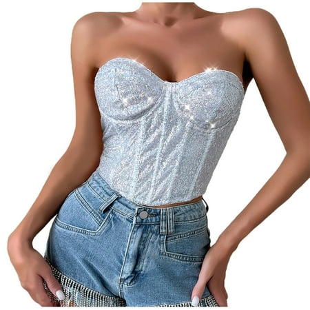 TDYHUAO Womens Glitter Sequin Bustier Corset Top Back Zipper Strapless Tube Top Party Club Festival Outfit for Women and Girls
