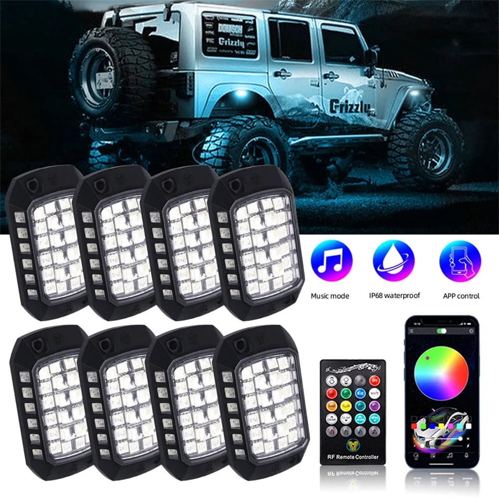 8PCS RGB Neon LED Rock Light 3D Lens Car Light Universal For Jeep Truck SUV