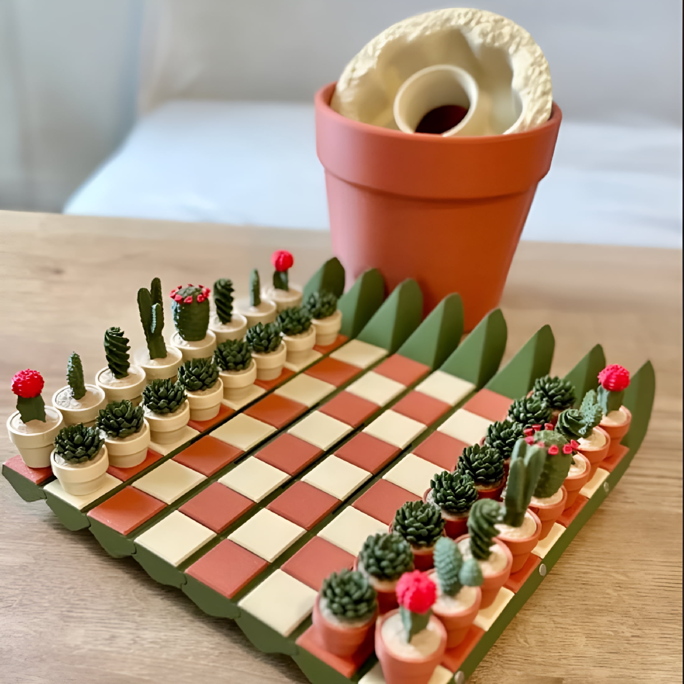 BESTSKY 32Pcs Printed Cactus Chess Set - Roll-Up Portable Board with Plant Pieces, Travel-Friendly Chess Game, Unique Cactus Themed Board Game for Home & Travel Entertainment, Multicolor