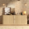 thumbnail image 5 of Blotout 86" Fireplace TV Stand for TVs Up to 95" with 40" Electric Fireplace, Mid-Century Entertainment Center with Power Outlet & Sliding Doors, Curved Reeded Media Console Cabinet, Oak, 5 of 12