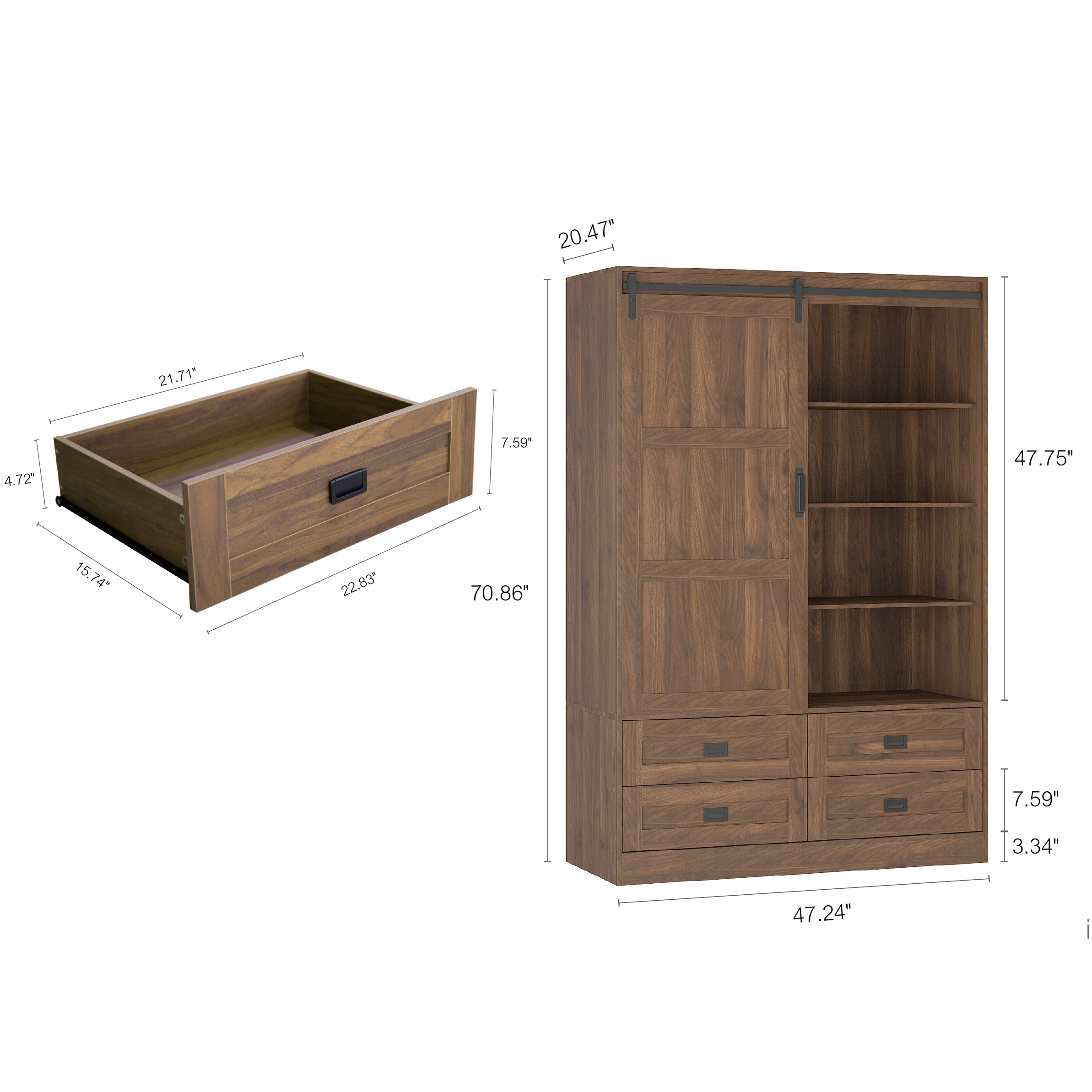 Aukfa Wood Armoire Wardrobe Closet,Clothing Storage Cabinet with Drawers,Hanging Rod & Barn Door,Walnut