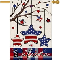 Welcome 4th of July House Flag 28x40 Inch Double Sided for Outside, Small Burlap Memorial Day Patriotic Red Blue Star Stripes American Flag Holiday Yard Flag Outdoor Decoration