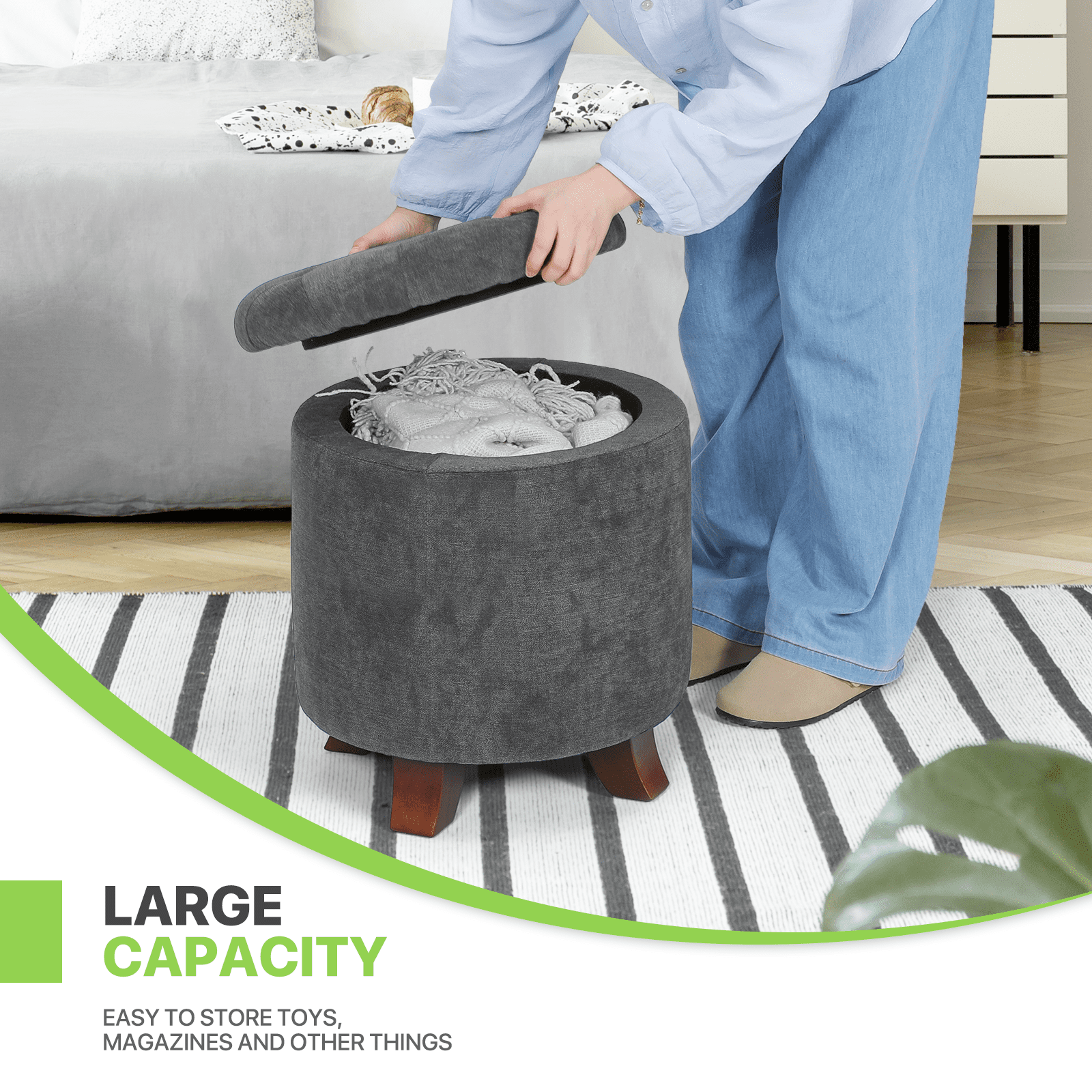 Magshion Storage Ottoman with Padded Seat, Modern Cotton-linen Footrest, Round Seat stool for Living Room Bedroom , Dark Gray