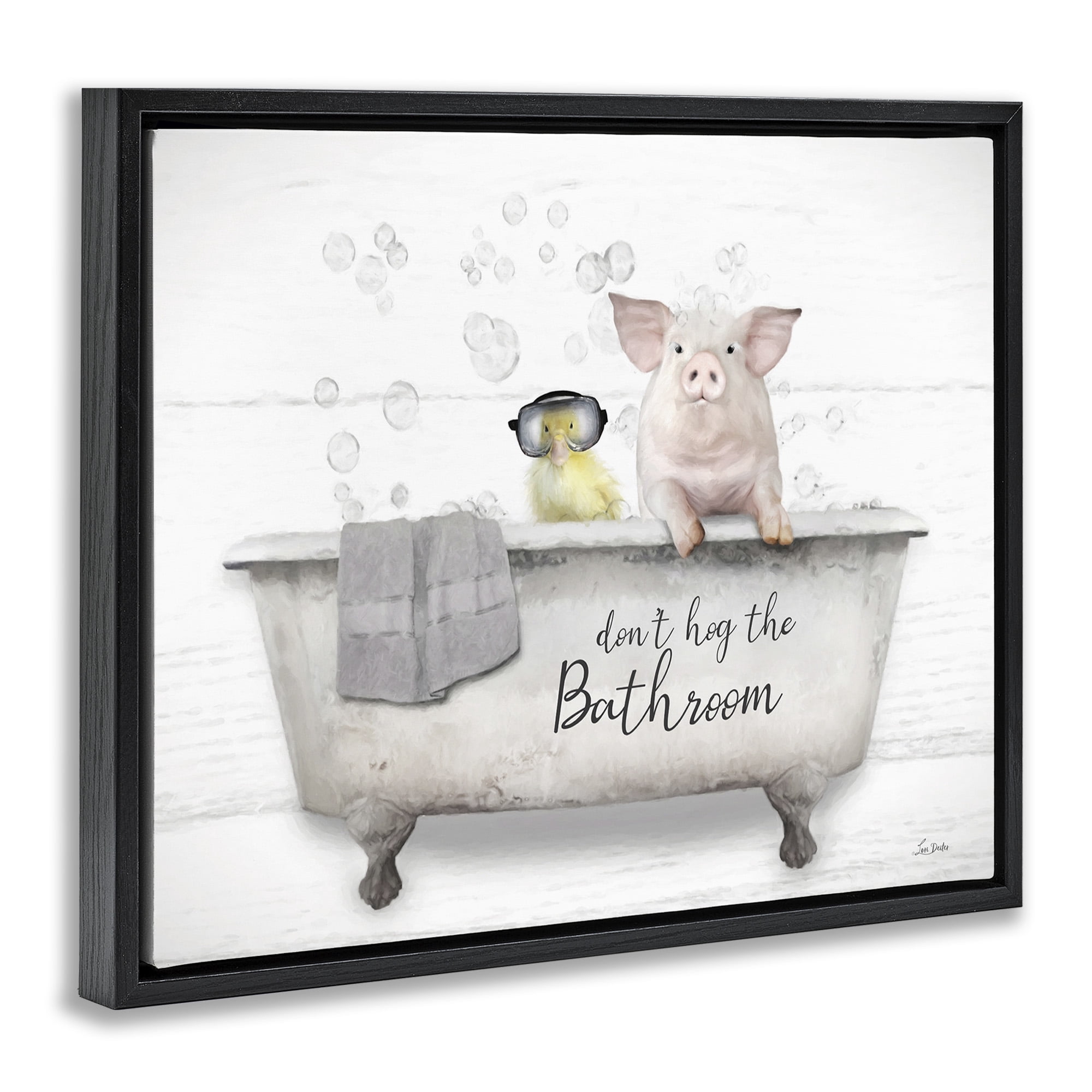Stupell Industries Don't Hog Bathroom Animals & Insects Painting Black Floater Framed Canvas Art Print Wall Art, 21 x 17