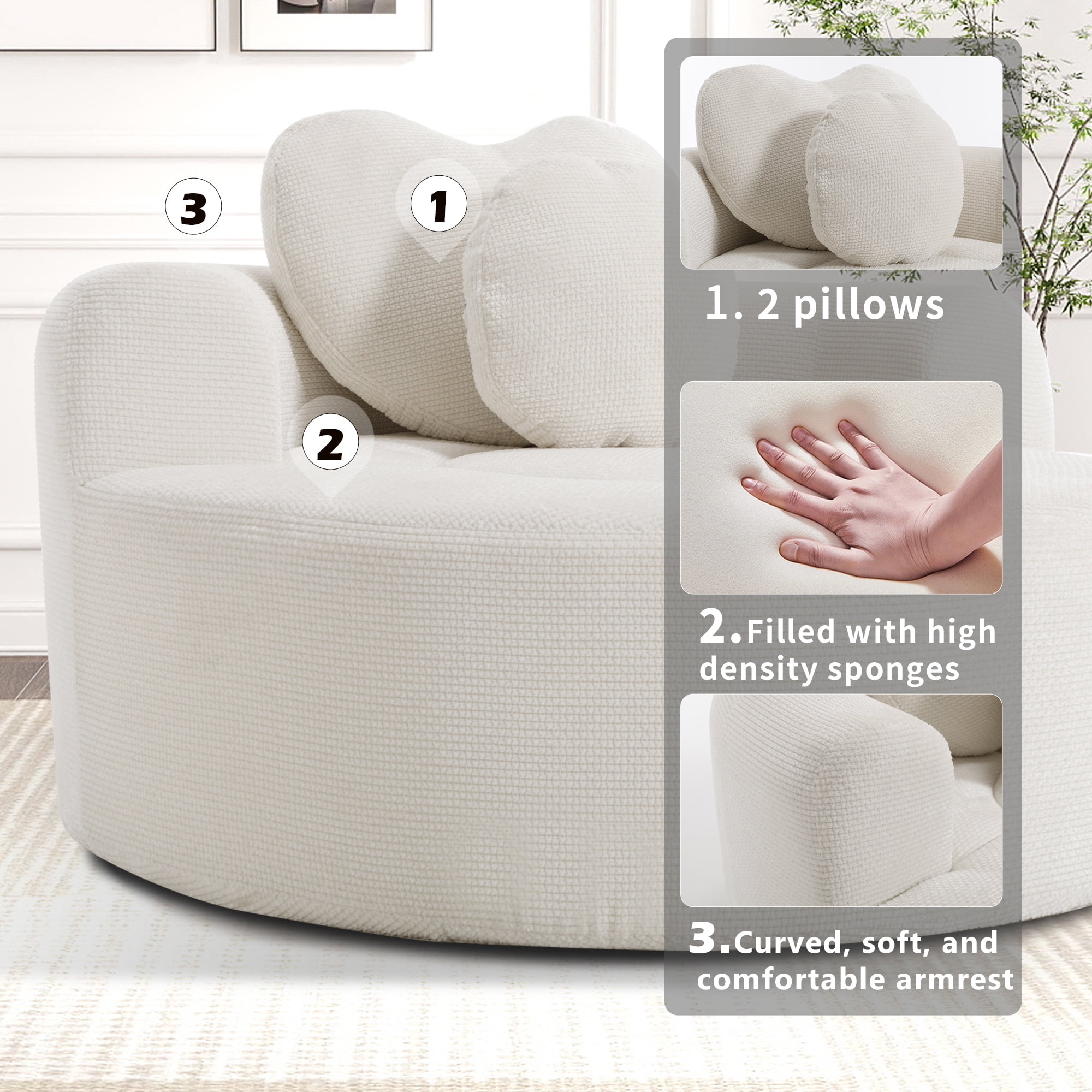 Leumius Oversized Round Chair Lounge Chaise Indoor,Upholstered Round Sofa Bed with Memory Foam,Comfy Cloud Circle Chair with Deep Seat for Living Room Bedroom,No Assembly Required,Beige