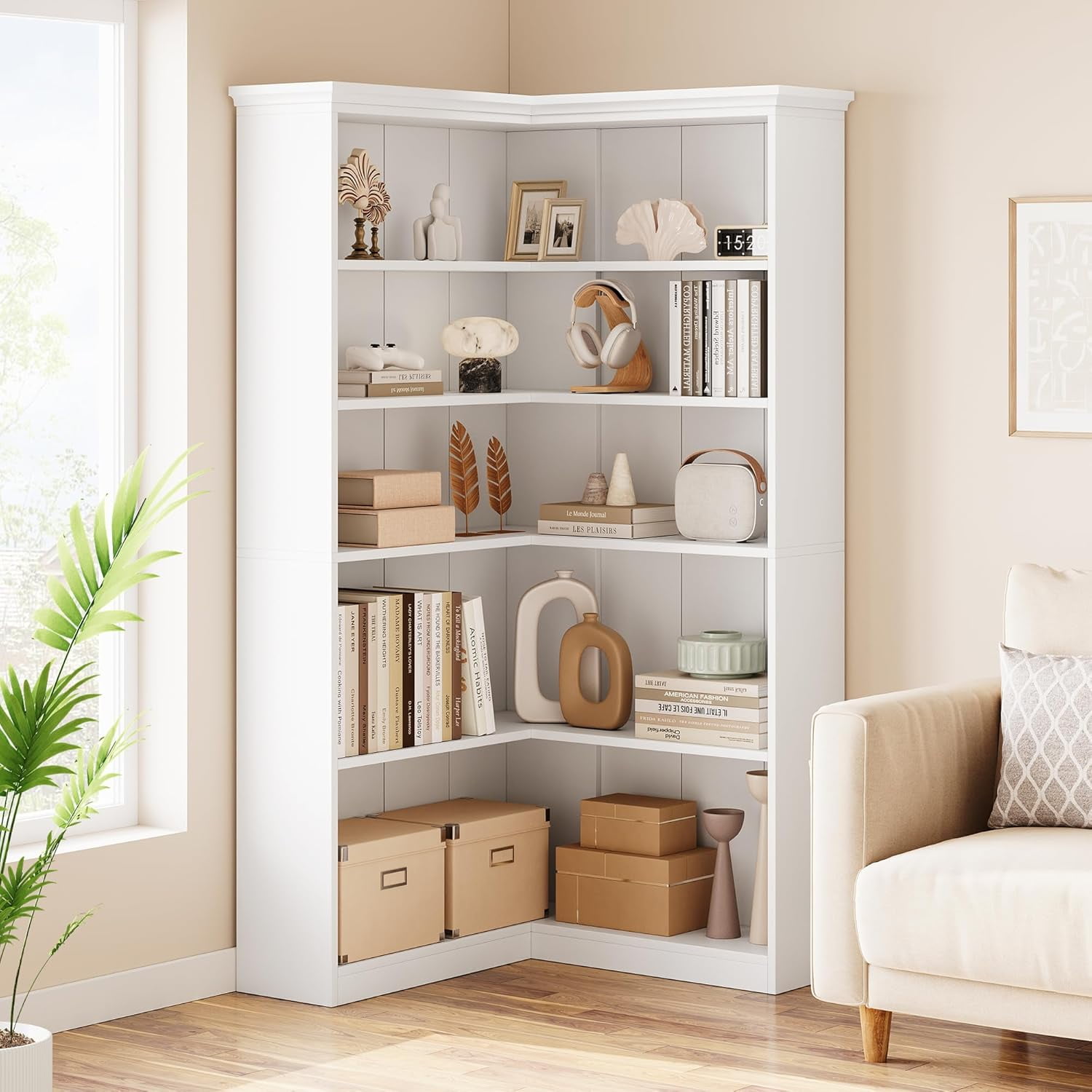 NEILA Farmhouse Corner Bookshelf – 72.8” Tall L-Shaped Bookcase with 5 Tiers, Wood Display Rack for Office and Bedroom,Panel Design in White