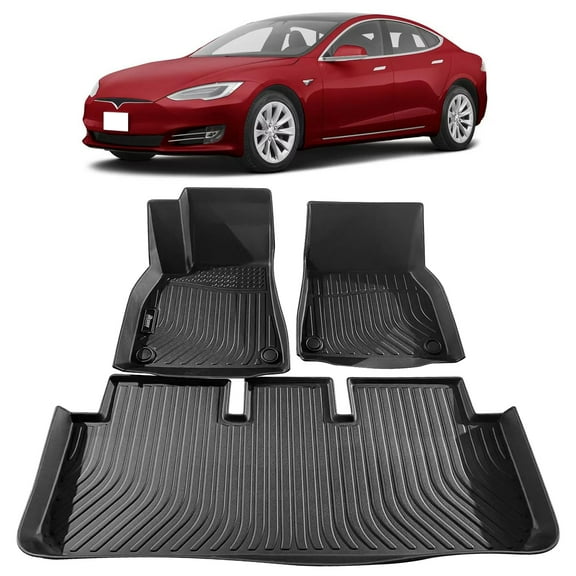 Ikon Motorsports Floor Mats Compatible With 2021-2024 Tesla Model S, 3D Molded Custom Carpets 1st 2nd Row Front Rear Protection 3PC Pad Black TPE Thermo Plastic Elastomer All Weather Liner Protector