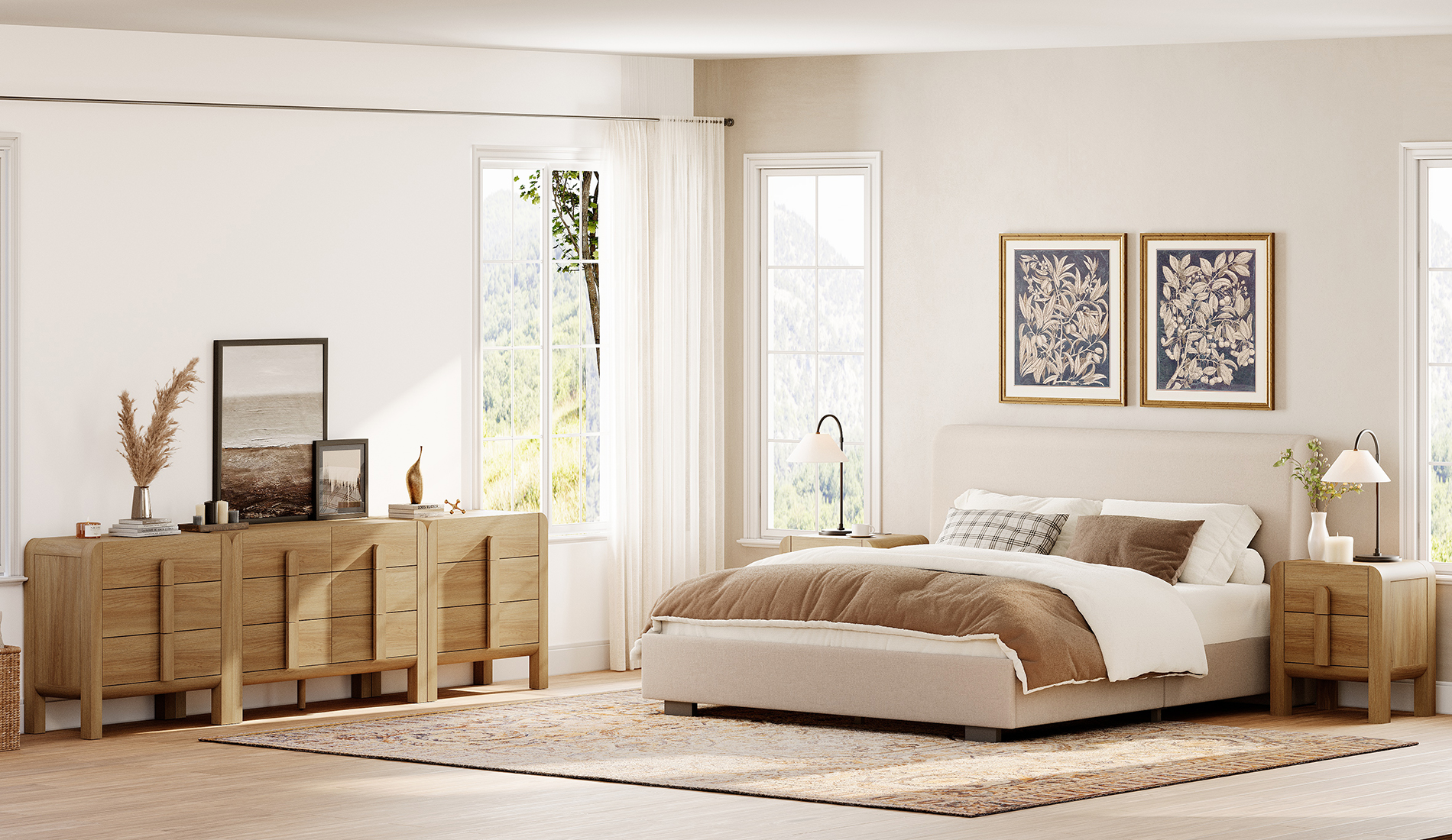 5 Pcs Bedroom Set, Wooden Dresser and Nightstand Sets, Night Stand Set of 2, 12 Drawer Dresser with Curved Profile Design, Mid Century Modern Dresser Set