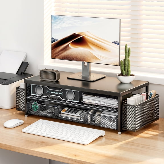 Monitor Stand Riser, Black Metal Mesh, with Storage Drawer & Side Baskets.