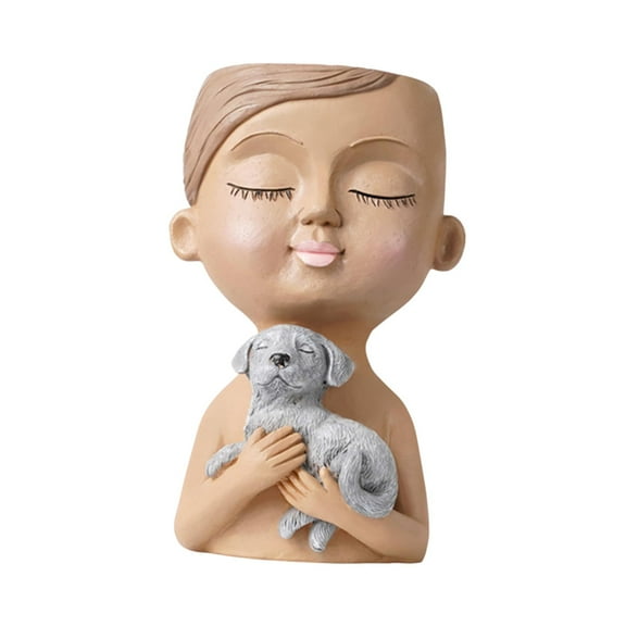 Head Planter Pots Cute Resin Face Flower Pot with Drainage Creative Decorations, Gift for Women, Man, Office and Garden Decor Dog Black