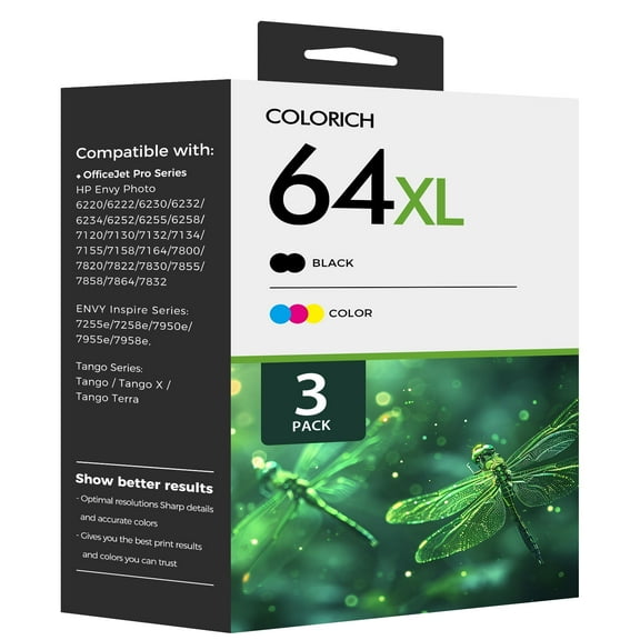 64 64XL Ink Cartridges Compatible for HP 64XL 64 3 Pack for Envy Photo 7855 7858 7155 7120 7800 6255 6252 7158 7164 (2 x Black,Tri-color)