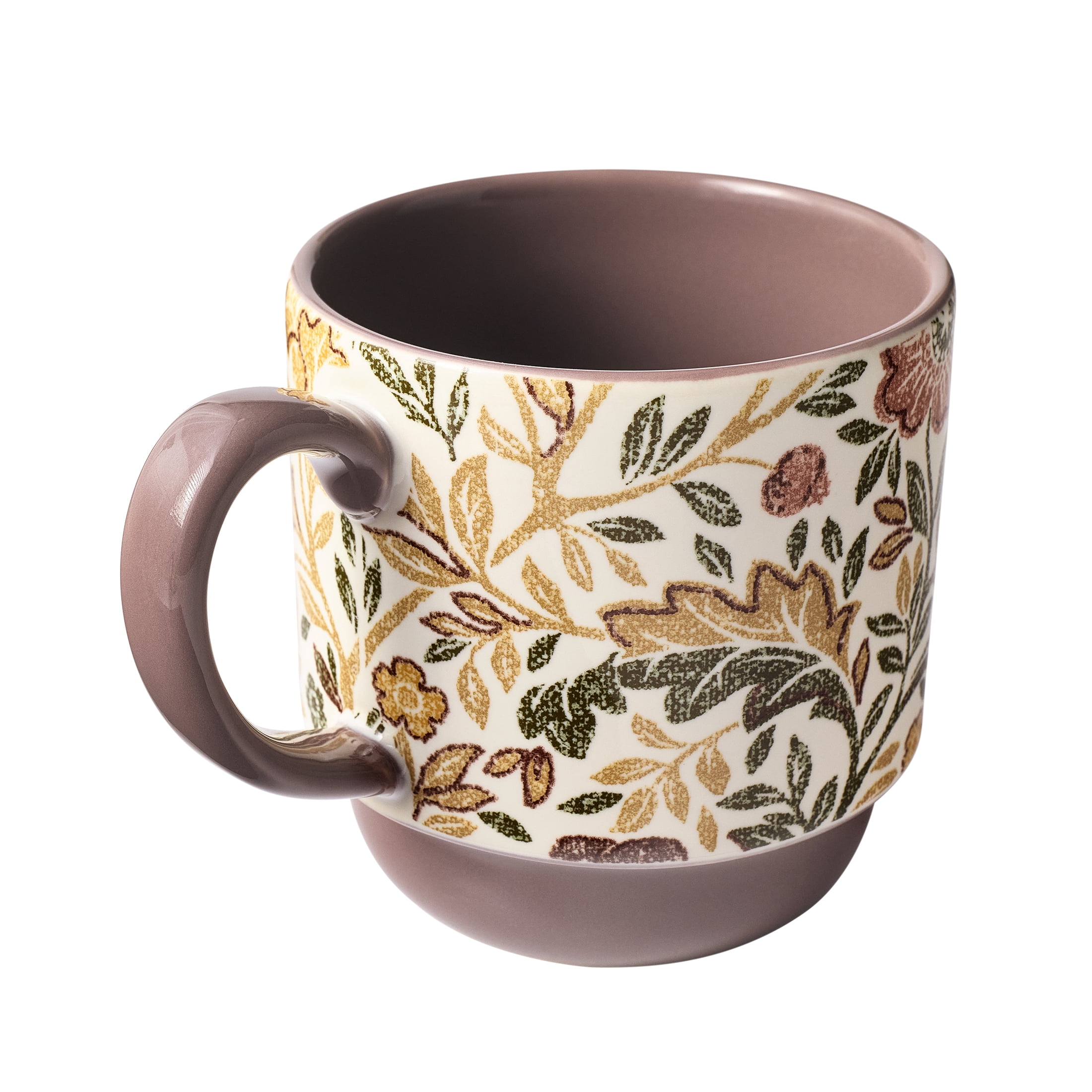 Better Homes & Gardens Edith Vine Floral Stoneware Stacking Mugs with Metal Storage Rack, 5-Piece Set, 14 oz