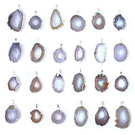 Druzy Agate Pendant - Agate Geode Slice Pendants Rock Paradise Beautiful Natural Agate Slice Druzy Pendant Silver Plated Edge