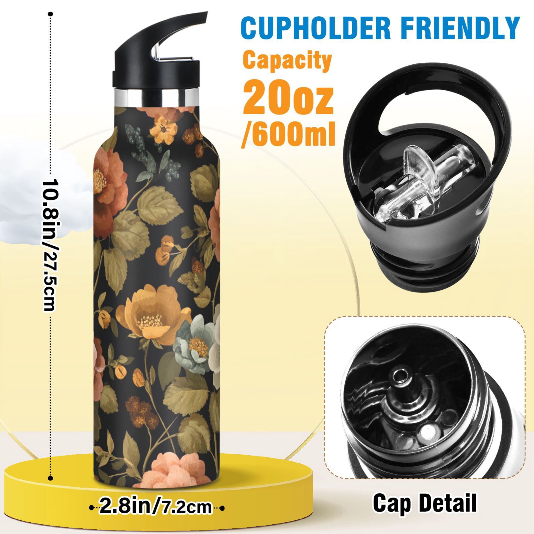 Kids Insulated Stainless Steel Sports Water Bottle 600ml (20oz) Vintage-inspired Floral Pattern