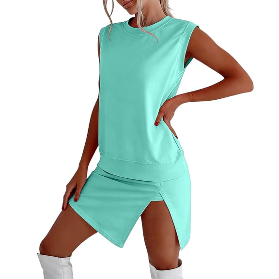 Guluxicc Athletic 2 Piece Sets for Women Sleeveless Crew Neck Top with Split Hem Shorts Solid Color Basic Active Outfits for Workout and Gym Exercise