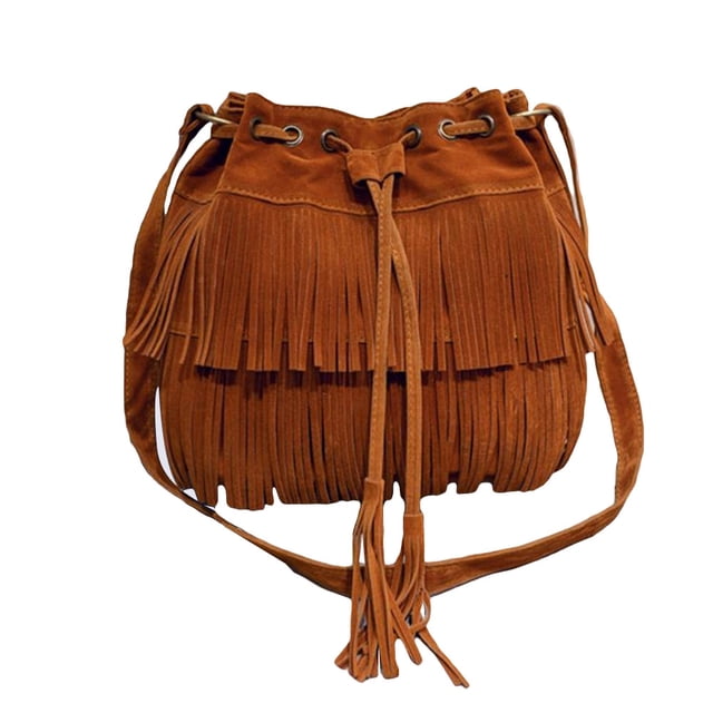 Flmtop Women Solid Color Fringe Tassels Drawstring Crossbody Shoulder Suede Bucket Bag