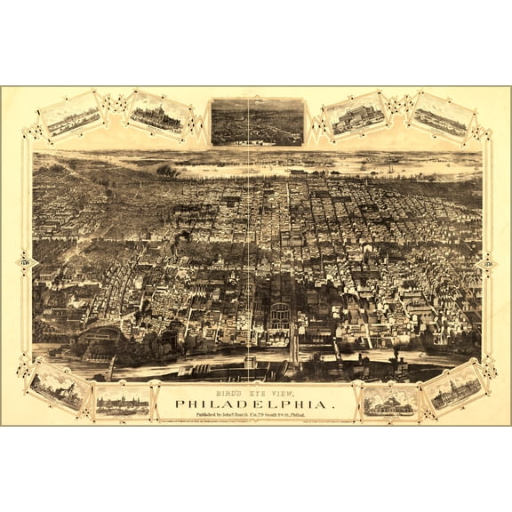 24"x36" Gallery Poster, Birdseye view map of Philadelphia 1876