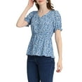 thumbnail image 4 of Allegra K Women's Faux Placket Ruffle Hem Puff Sleeve Button Decor Peplum Top, 4 of 5