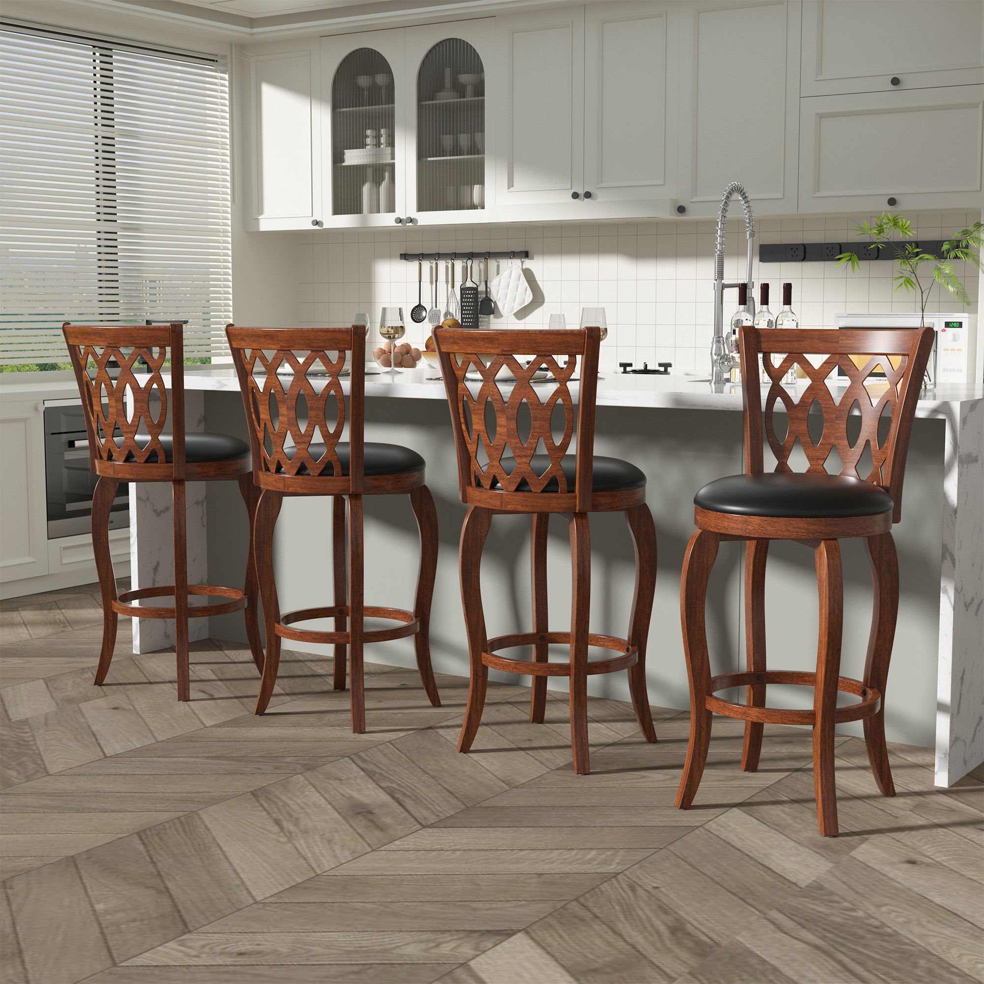 Joywind 29" Bar Height Swivel Bar Stools with High Back, Upholstered Seat & Solid Wood Footrest, Brown, Set of 2