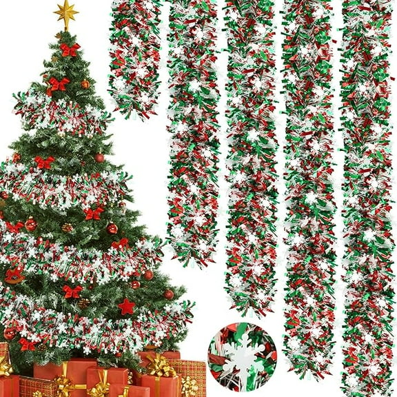 3Pack Christmas Decorations Tinsel Garland with Snowflake Christmas Tree, Red Green Silver Shiny Metallic Twist Christmas Garland for Home Tree Mantle Stairs Indoor Outdoor Holiday Xmas Party Decor