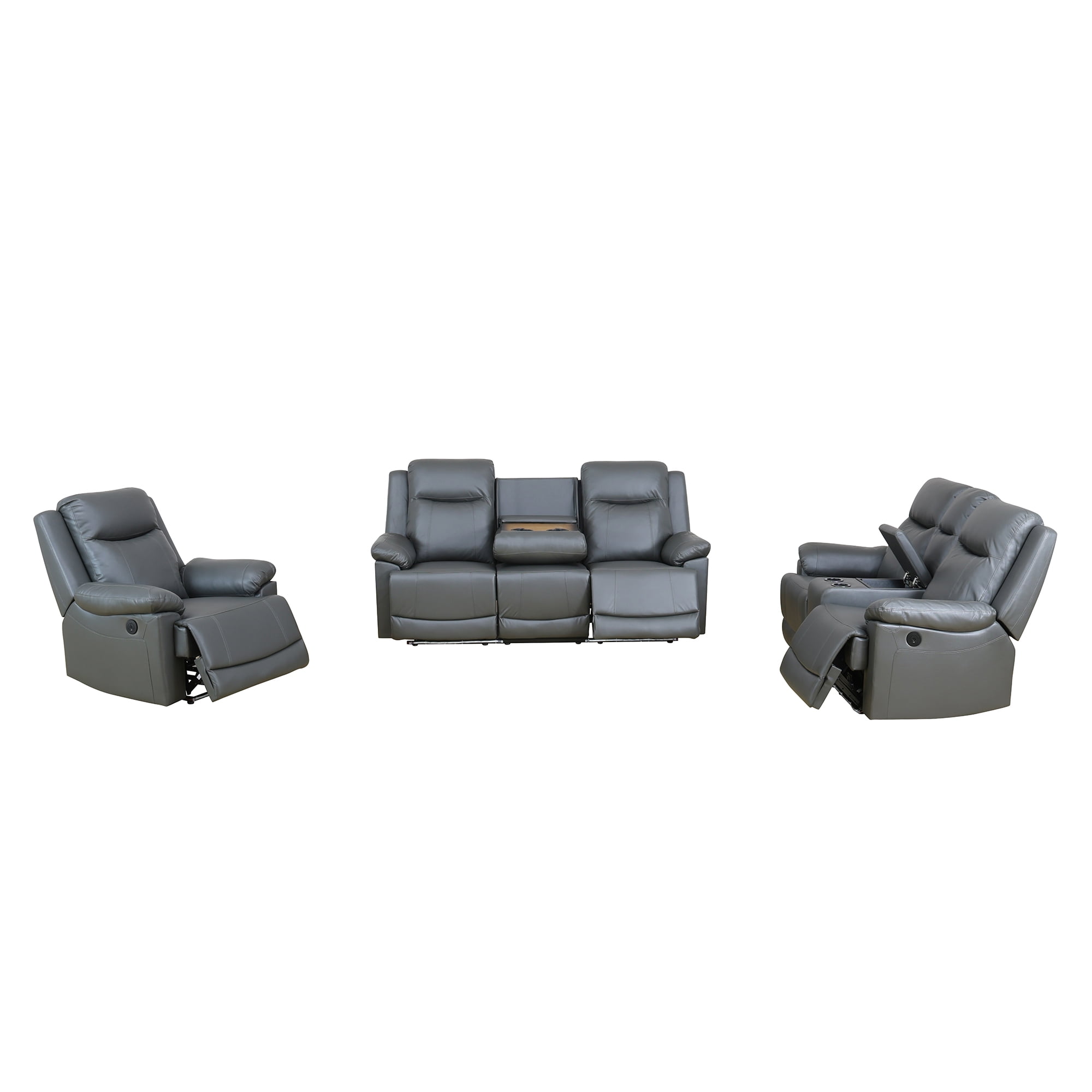 Gewnee Silver Gray 3-Piece Living Room Recliner Sofa Set with Console & Cup Holders,Air Leather, Solid Wood Frame & Double-Layer Springs