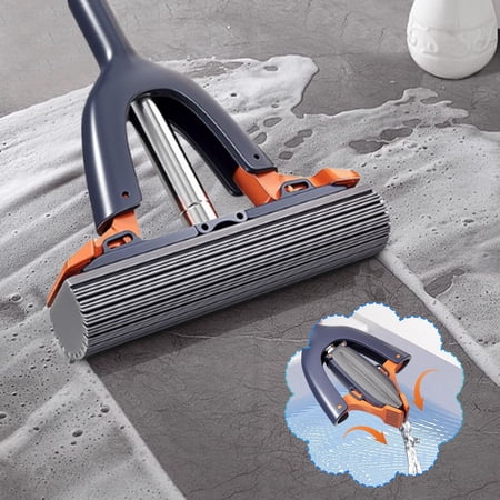 COM1950s Sponge Mop Rubber Mop with Roller Squeeze Mechanism and Foldable Design No Hand Wash Feature for Easy Wringing Absorbent Head with Built-In Brush Cleaning Tile Wood Laminate & Resin Floors