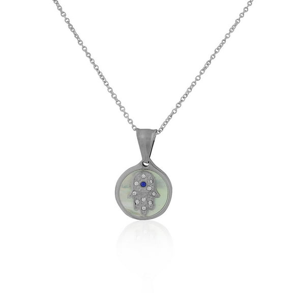 EDFORCE Stainless Steel Silver-Tone Simulated Mother-of-Pearl CZ Hamsa Pendant Necklace, 18"