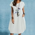 thumbnail image 2 of USSUMA Dress for Women Wedding Guest Short Sleeve Linen Cotton Shift T Shirt Midi Summer Dress Casual Daisy Print Knee Length 2022 Sundresses Beach Round Neck Womens Sun Dresses, 2 of 6