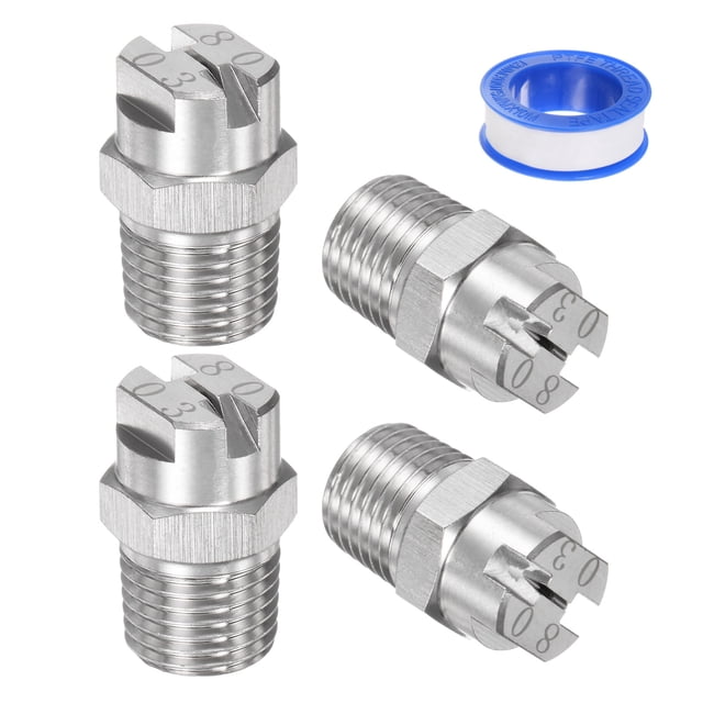 Punta de pulverización plana de 80 grados de 4 piezas, diámetro de 1.1 mm, macho 1/4 BSPT con cinta de sellado, tono plateado