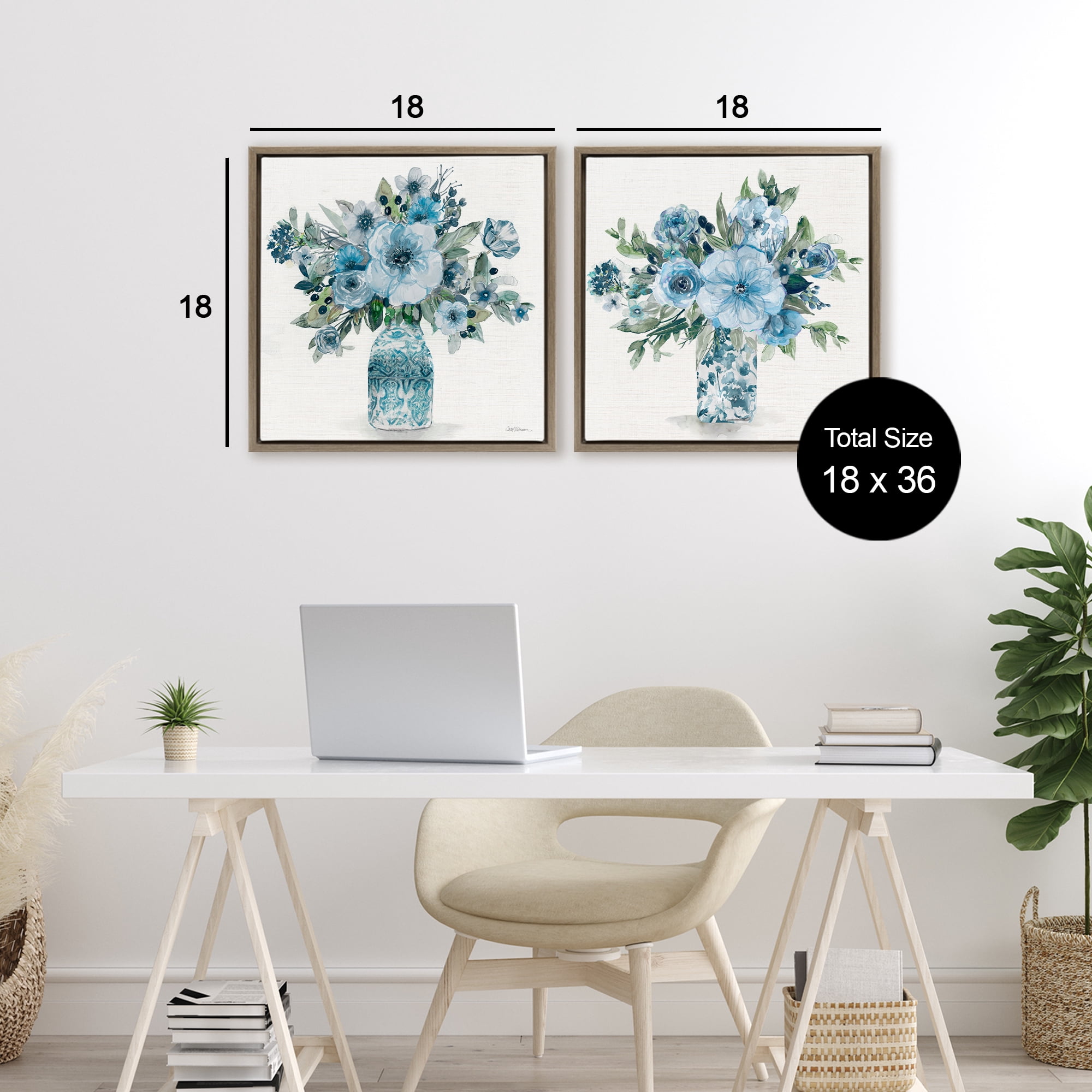 Stupell Industries Pastel Blue Floral Vase Arrangements 2 Piece Brown Framed Floater Canvas Set, design by Carol Robinson