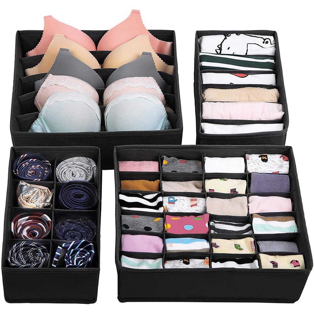 Socks Small Fabric Storage Boxes for Use as Cabinet or Wardrobe Organiser etc Ideal Wardrobe Storage Solutions for Underwear Grey Clothes mDesign Set of 4 Dresser Drawer Inserts 