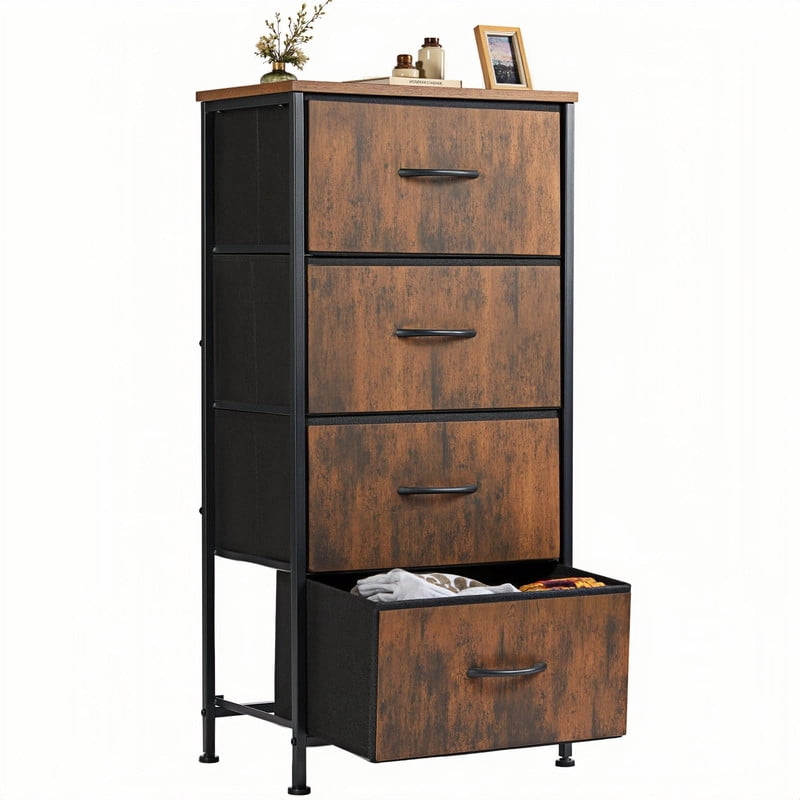 Kelno 4 Drawers Fabric Dresser Tall Chest of Drawers with Steel Frame Wood Top, Rustic Brown