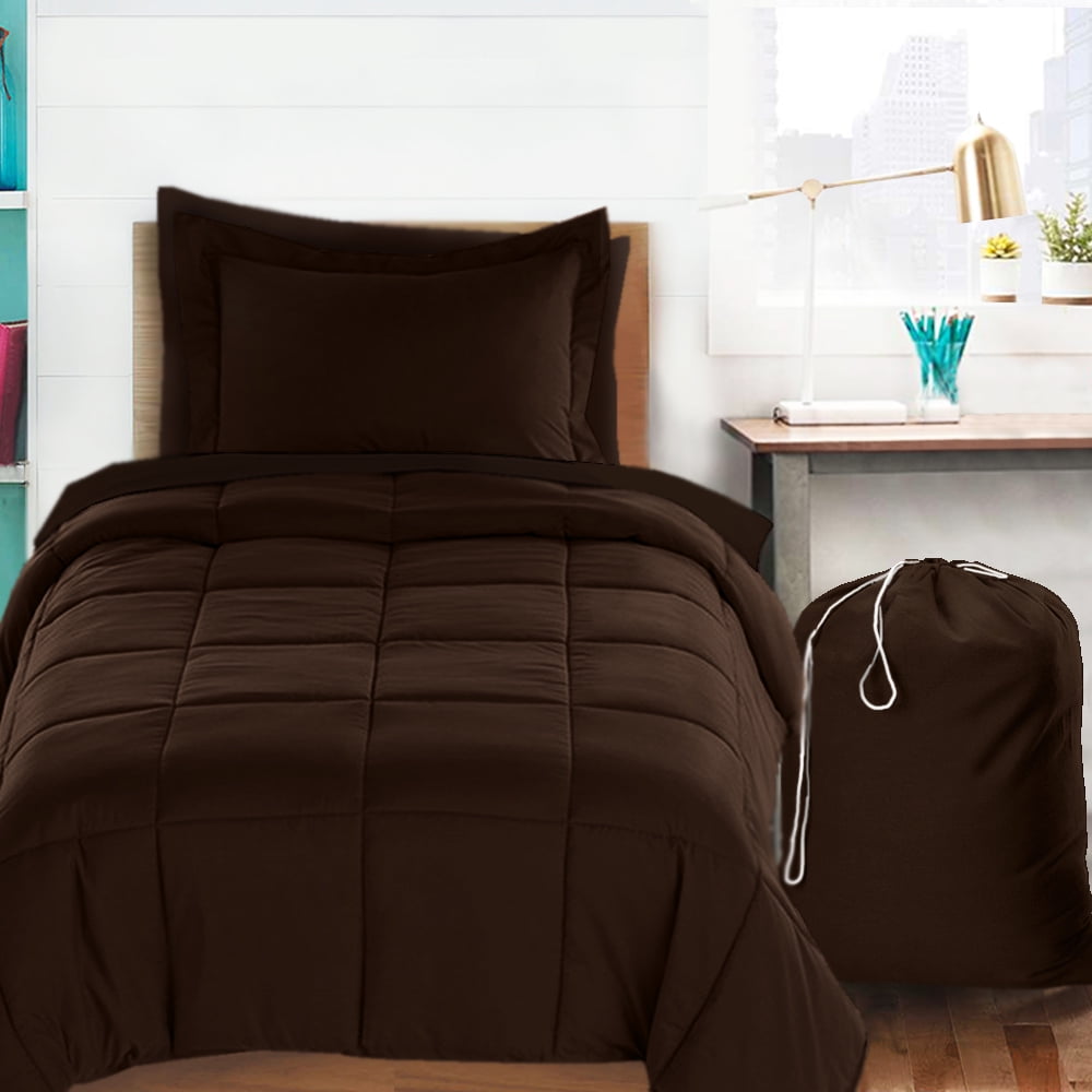 Twin XL Bed In A Bag 6pcs Bedding - Comforter Set, Chocolate Brown, - College School Dorm bedroom Value Essential Bundle, Includes Flat and Fitted Sheets, Pillowcase, Pillow Sham and Laundry Bag
