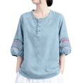 thumbnail image 2 of fatyb Plus Size Linen Shirts Embroidery Short Sleeve Button up Vintage Tops Casual Boho Blouses for Women, 2 of 7