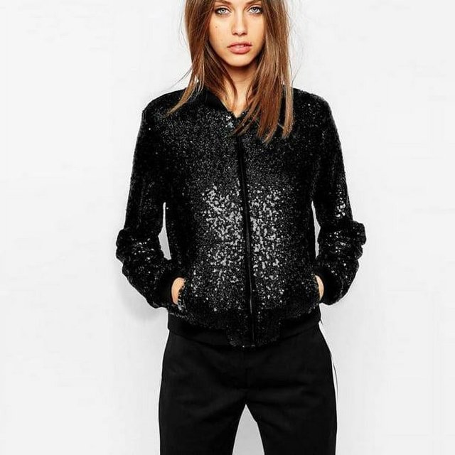 ZHAOCHENG Chaqueta bomber con lentejuelas para mujer, chaqueta de manga larga con cremallera, ropa de calle informal, holgada, con purpurina