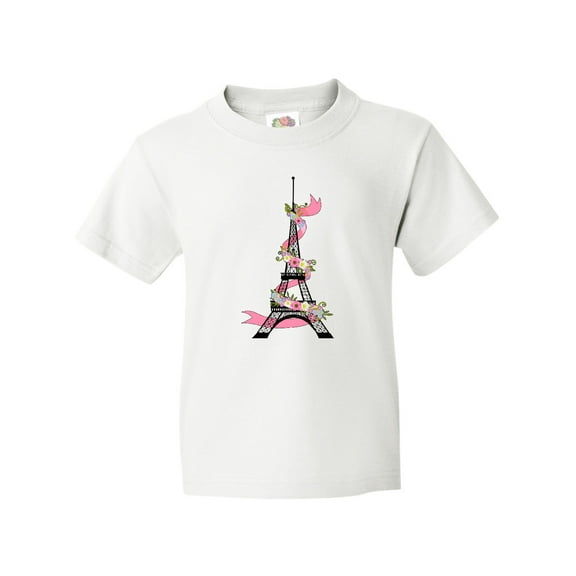 Inktastic Eiffel Tower in Paris with Flowers and Pink Banner Youth T-Shirt