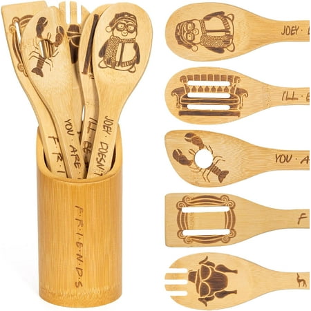 Friends Wooden Spoons for Cooking, 6 Piece Kitchen Utensils Set with Holder, Gifts for Fans, TV Show Merchandise, Non-Stick, Housewarming Birthday Present for Friend/Mom/Women