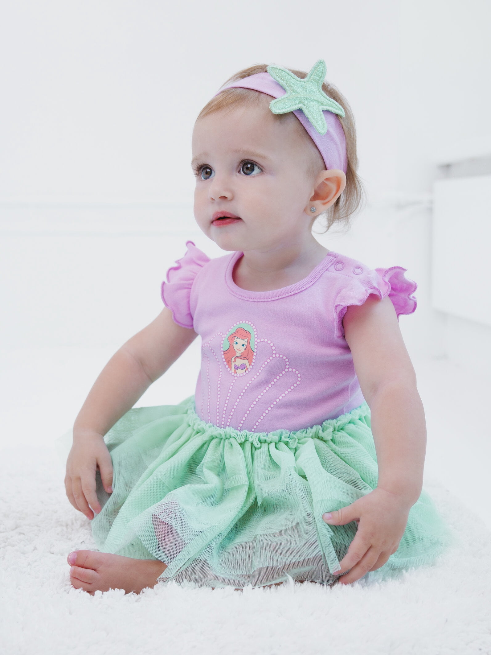 Disney Princess Ariel Cosplay Bodysuit With Skirt Overlay & Headband Outfit Set Newborn to Infant