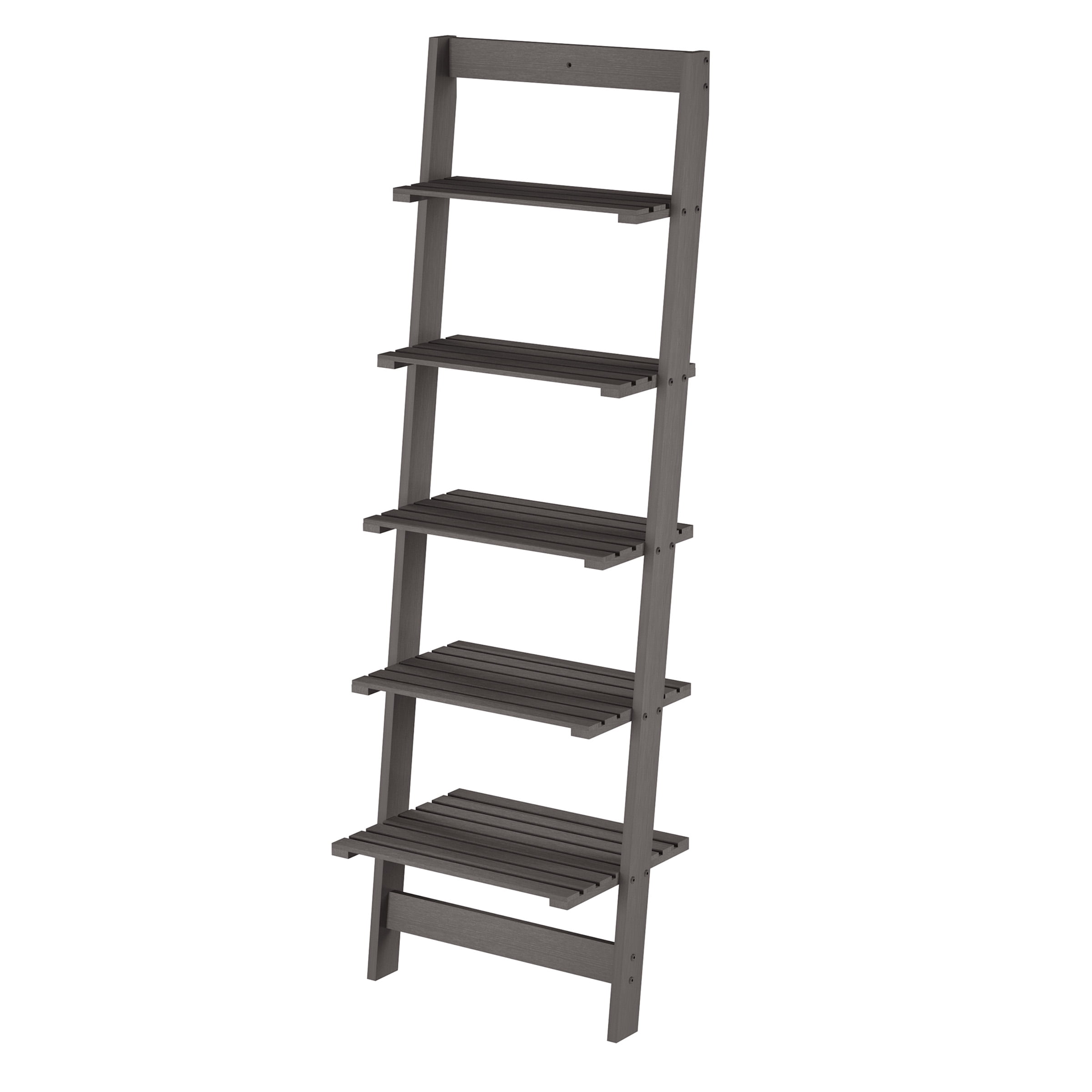 Lavish Home 5-Tier Slatted Wood Leaning Ladder Shelf for Narrow Storage, Wooden Bookcase for Living Room, Bathroom, Kitchen, Office or Bedroom, Gray Finish