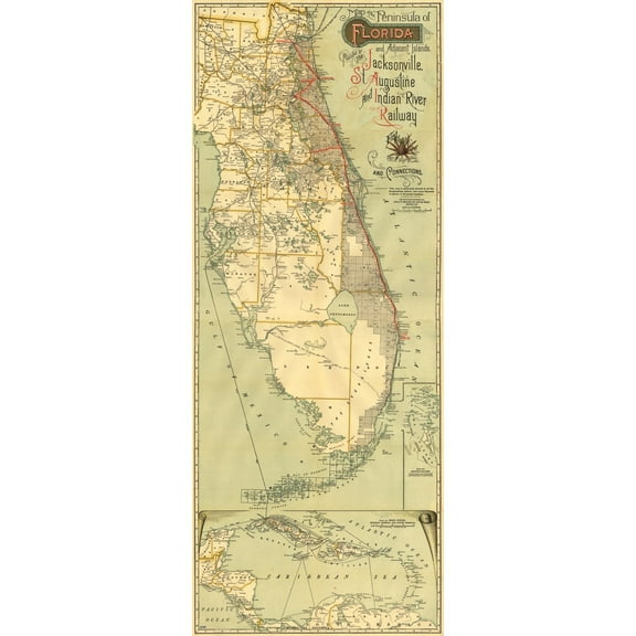Railroad Map - Florida Railway Connections - Northrup 1893 - Vintage Wall Art