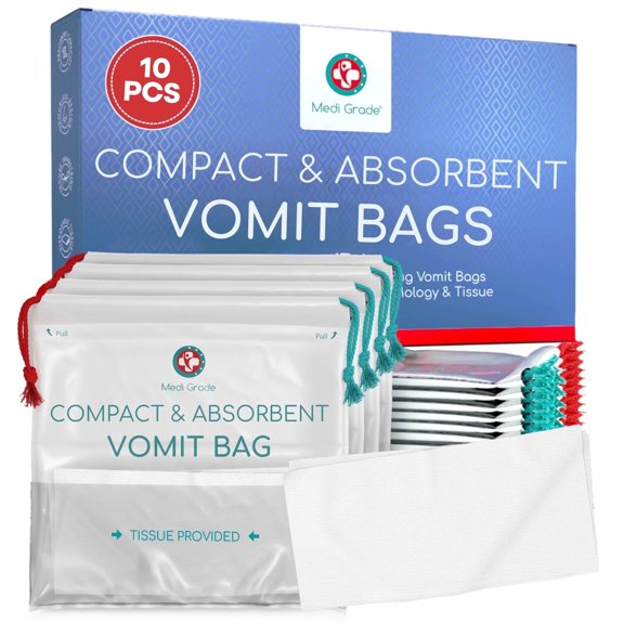 Medi Grade Absorbent Vomit Bags Disposable for Adults and Kids, 10pcs - Travel Essentials Leakproof Barf Bags with Tissues turn Vomit to Gel and Prevent Odor - Purse Essential Travel Size Sick Bags