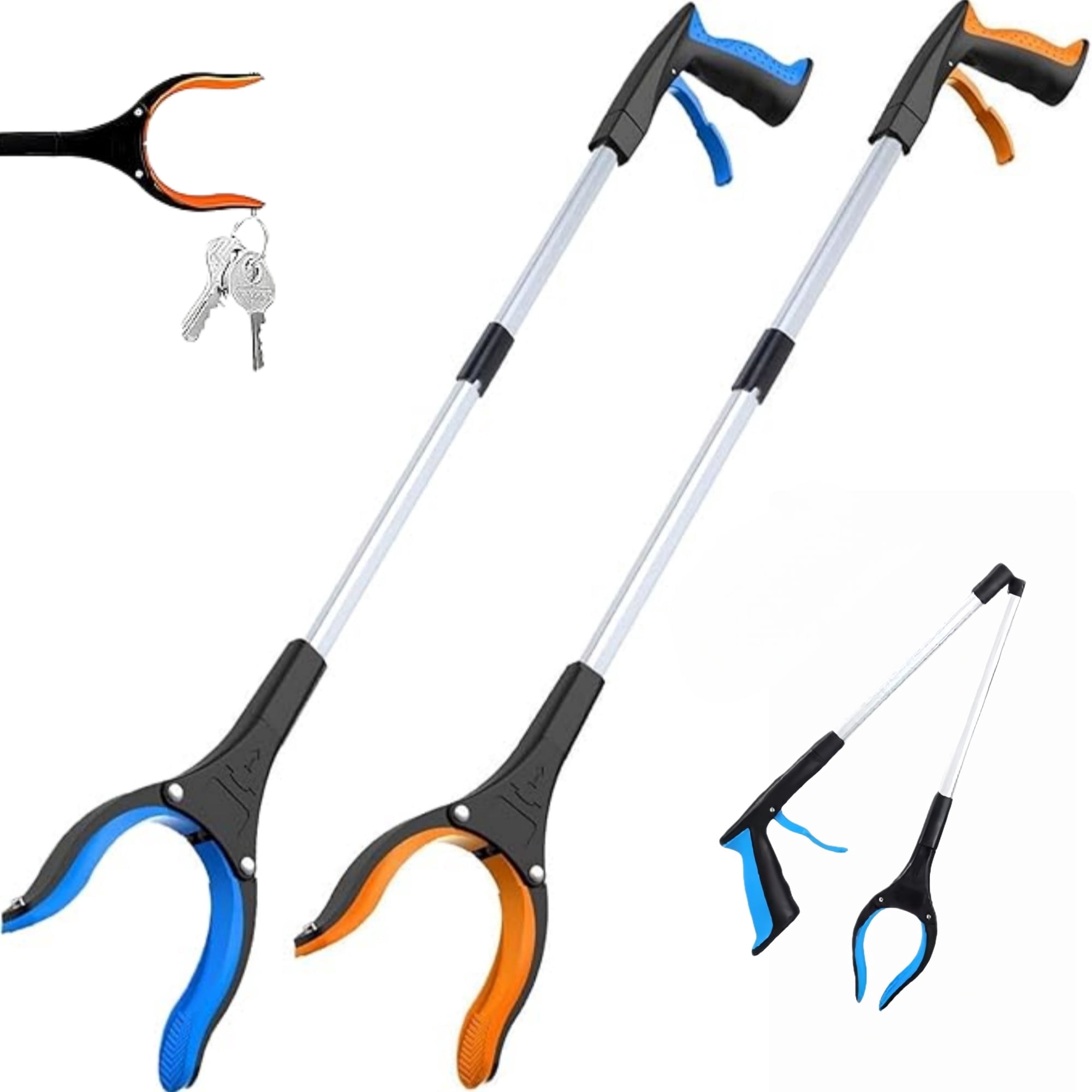 2-Pack 32" Foldable Grabbers with 360° Rotating Jaw, Lightweight Reaching Aid (Blue/Orange)