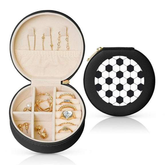 Fuzoiu Soccer Ball Print Portable Jewelry Box,Round Mini Leather Travel Jewelry Case,Small Travel Jewelry Organizer,Jewelry Holder for Ring Necklace Earring for Women Girls-Black