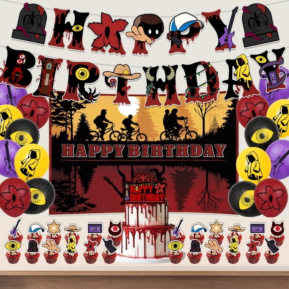 Horror Birthday Decorations Include Banner-Backdrop-Balloons-Cake Topper-Cupcake Toppers for Stranger Themed birthday decorations