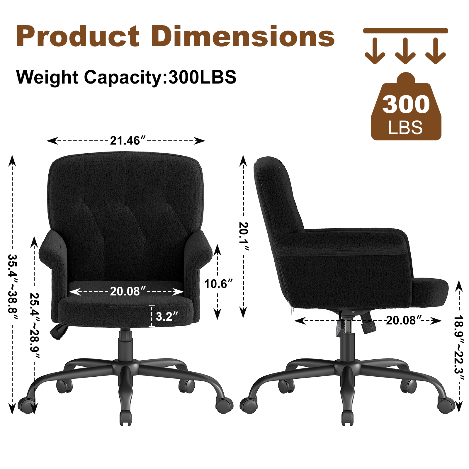 Home Office Chair Mid-Back Upholstered Tufted Computer Task Chair Height Adjustable Swivel Accent Chair Black