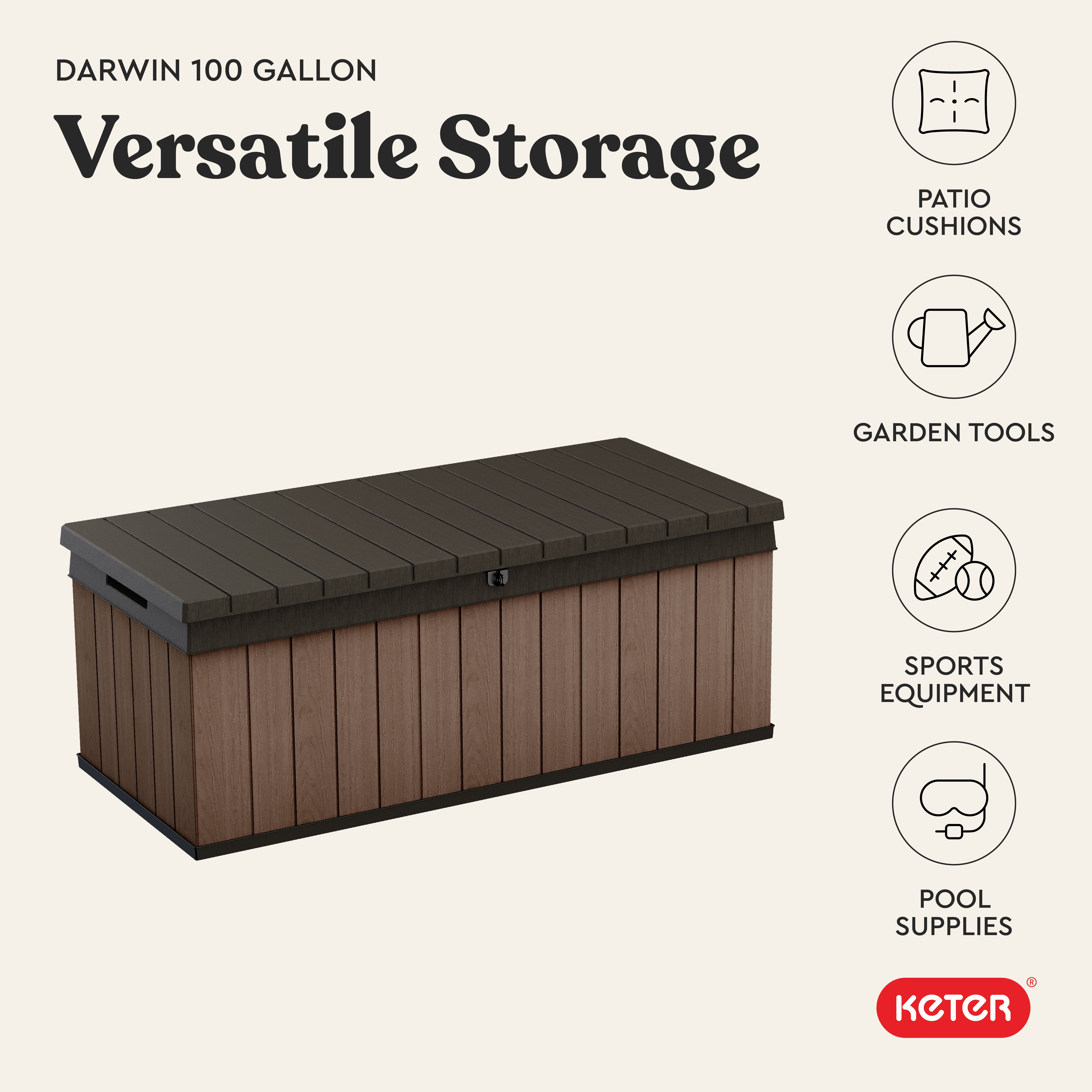 Keter Darwin 100 Gallon Resin Large Deck Box - Organization and Storage for Patio Furniture, Outdoor Cushions, Garden Tools and Pool Toys, Brown