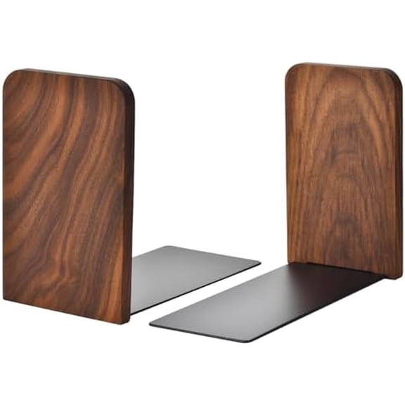 Book Ends, Black Walnut Wooden Bookends for Shelves - Heavy Duty Non-Slip Book Organizers, Upgraded Decorative Bookend Holders for Home, Kitchen, Office, Set of 2, Small